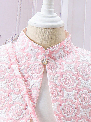 Young Girl Pink Elegant And Jacquard Fabric With Floral Reliefs, Short-Sleeved Open Jacket Stand Collar And Puff Sleeves, Pleated Bubble Skirt With Crossbody Bag - 2pcs Set, Spring And Summer Holidays, Gatherings, Parties, Weddings, And Outings.