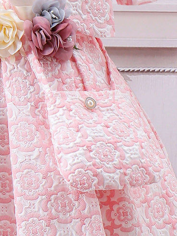 Young Girl Pink Elegant And Jacquard Fabric With Floral Reliefs, Short-Sleeved Open Jacket Stand Collar And Puff Sleeves, Pleated Bubble Skirt With Crossbody Bag - 2pcs Set, Spring And Summer Holidays, Gatherings, Parties, Weddings, And Outings.