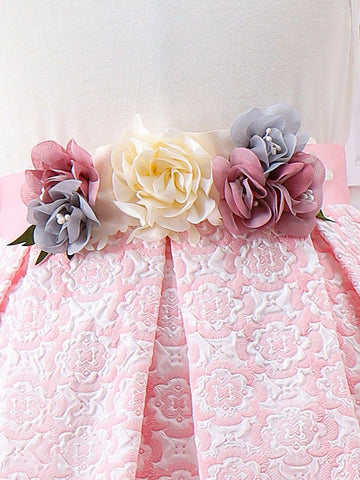 Young Girl Pink Elegant And Jacquard Fabric With Floral Reliefs, Short-Sleeved Open Jacket Stand Collar And Puff Sleeves, Pleated Bubble Skirt With Crossbody Bag - 2pcs Set, Spring And Summer Holidays, Gatherings, Parties, Weddings, And Outings.