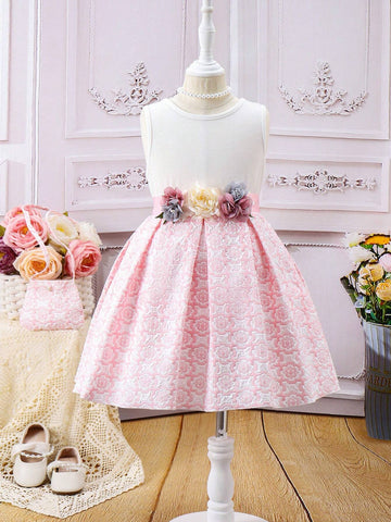 Young Girl Pink Elegant And Jacquard Fabric With Floral Reliefs, Short-Sleeved Open Jacket Stand Collar And Puff Sleeves, Pleated Bubble Skirt With Crossbody Bag - 2pcs Set, Spring And Summer Holidays, Gatherings, Parties, Weddings, And Outings.