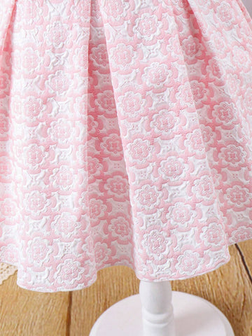 Young Girl Pink Elegant And Jacquard Fabric With Floral Reliefs, Short-Sleeved Open Jacket Stand Collar And Puff Sleeves, Pleated Bubble Skirt With Crossbody Bag - 2pcs Set, Spring And Summer Holidays, Gatherings, Parties, Weddings, And Outings.