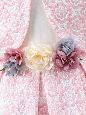 Young Girl Pink Elegant And Jacquard Fabric With Floral Reliefs, Short-Sleeved Open Jacket Stand Collar And Puff Sleeves, Pleated Bubble Skirt With Crossbody Bag - 2pcs Set, Spring And Summer Holidays, Gatherings, Parties, Weddings, And Outings.