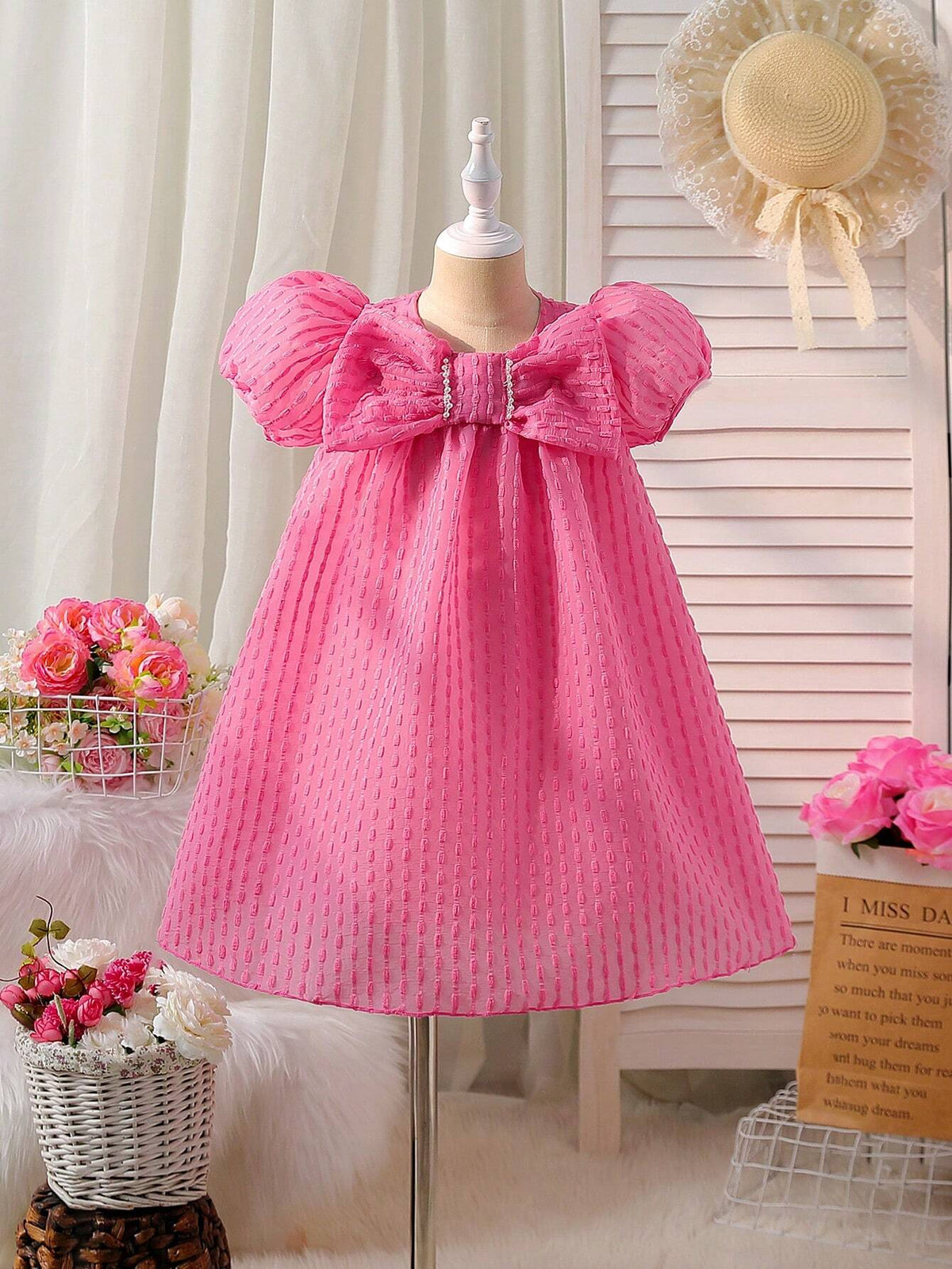 Young Girl Pink Elegant Puff Sleeve Dress With Large Bow Decoration, Suitable For Daily Wear, Formal Occasions, Spring And Summer