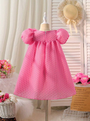 Young Girl Pink Elegant Puff Sleeve Dress With Large Bow Decoration, Suitable For Daily Wear, Formal Occasions, Spring And Summer