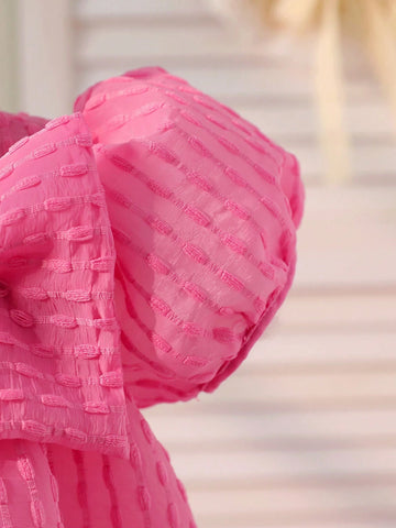 Young Girl Pink Elegant Puff Sleeve Dress With Large Bow Decoration, Suitable For Daily Wear, Formal Occasions, Spring And Summer