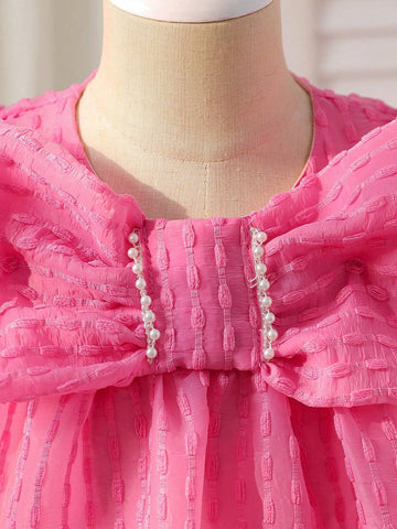 Young Girl Pink Elegant Puff Sleeve Dress With Large Bow Decoration, Suitable For Daily Wear, Formal Occasions, Spring And Summer