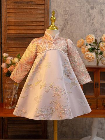 Young Girl Pink Jacquard High-End Mini Dress, Traditional Chinese Tang Suit Style, Chinese New Year Cheongsam