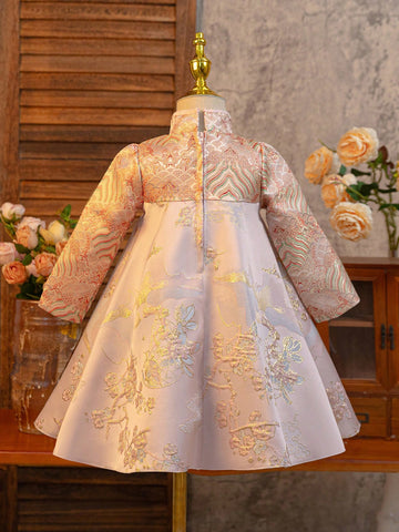 Young Girl Pink Jacquard High-End Mini Dress, Traditional Chinese Tang Suit Style, Chinese New Year Cheongsam