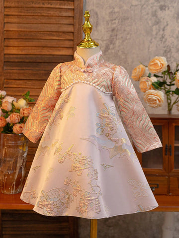 Young Girl Pink Jacquard High-End Mini Dress, Traditional Chinese Tang Suit Style, Chinese New Year Cheongsam