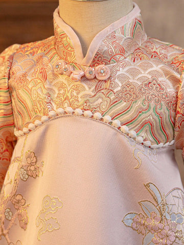 Young Girl Pink Jacquard High-End Mini Dress, Traditional Chinese Tang Suit Style, Chinese New Year Cheongsam
