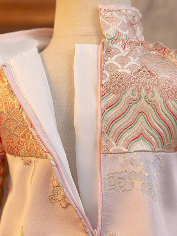 Young Girl Pink Jacquard High-End Mini Dress, Traditional Chinese Tang Suit Style, Chinese New Year Cheongsam