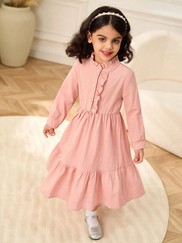 Young Girl' Pink Long Sleeve Ruffled Hem Casual Comfortable All-Match Everyday Dress