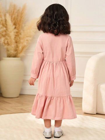 Young Girl' Pink Long Sleeve Ruffled Hem Casual Comfortable All-Match Everyday Dress