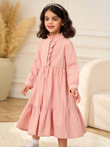 Young Girl' Pink Long Sleeve Ruffled Hem Casual Comfortable All-Match Everyday Dress