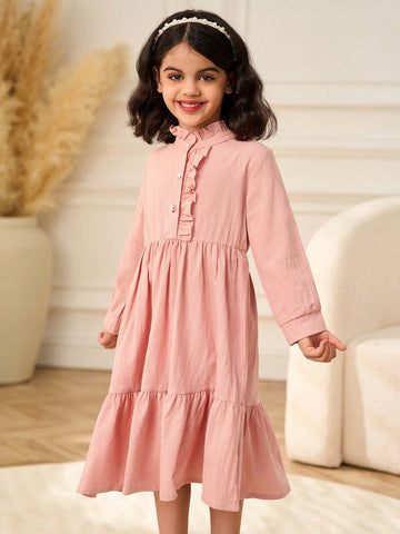 Young Girl' Pink Long Sleeve Ruffled Hem Casual Comfortable All-Match Everyday Dress