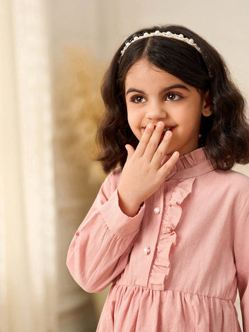 Young Girl' Pink Long Sleeve Ruffled Hem Casual Comfortable All-Match Everyday Dress