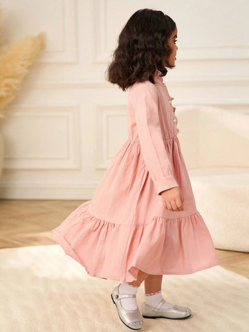 Young Girl' Pink Long Sleeve Ruffled Hem Casual Comfortable All-Match Everyday Dress
