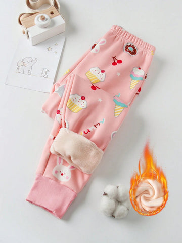 Young Girl' Pink Rabbit Fleece Lined Warm Pants, Girls' Leggings For Autumn/Winter