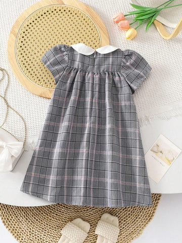 Young Girl Plaid Color Block Peter Pan Collar Loose Casual Dress With Bowknot