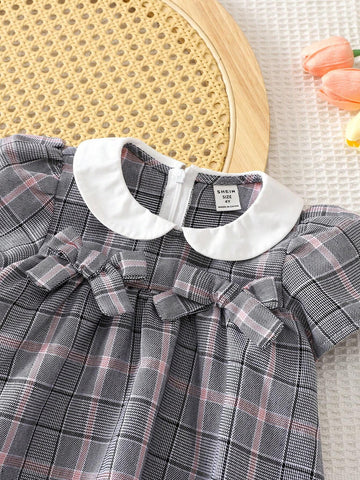 Young Girl Plaid Color Block Peter Pan Collar Loose Casual Dress With Bowknot