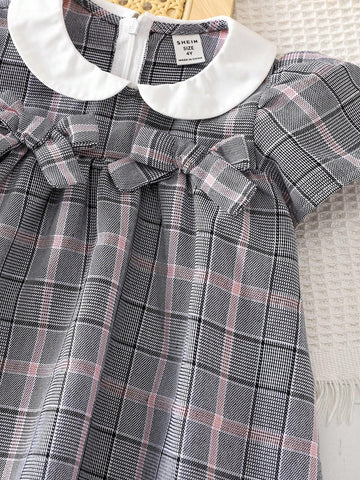 Young Girl Plaid Color Block Peter Pan Collar Loose Casual Dress With Bowknot