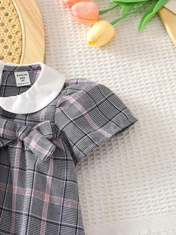 Young Girl Plaid Color Block Peter Pan Collar Loose Casual Dress With Bowknot
