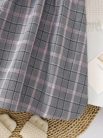 Young Girl Plaid Color Block Peter Pan Collar Loose Casual Dress With Bowknot