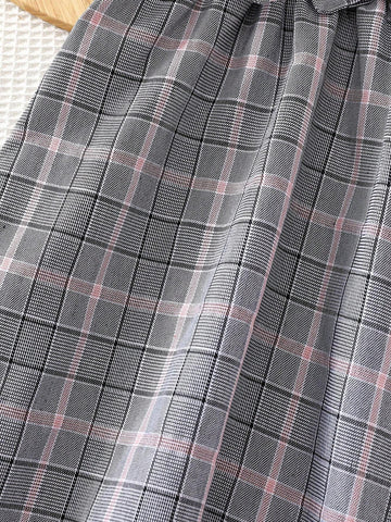 Young Girl Plaid Color Block Peter Pan Collar Loose Casual Dress With Bowknot