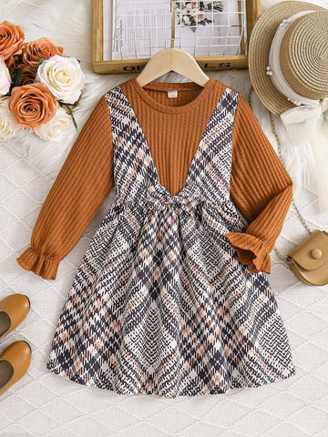Young Girl Plaid Patchwork Bow Decor Long Sleeve Cute Dress, Spring/Autumn