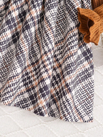 Young Girl Plaid Patchwork Bow Decor Long Sleeve Cute Dress, Spring/Autumn