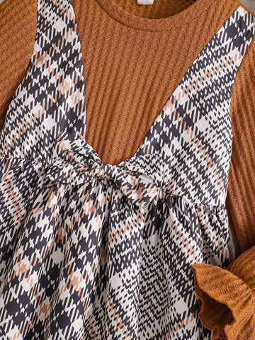 Young Girl Plaid Patchwork Bow Decor Long Sleeve Cute Dress, Spring/Autumn