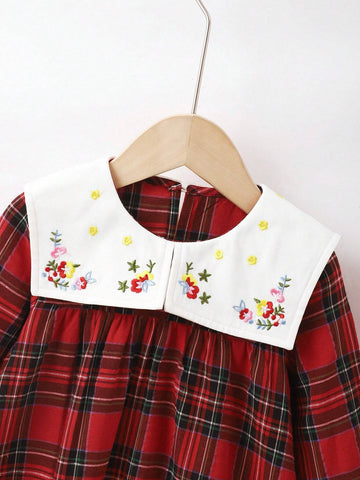 Young Girl Plaid Patchwork Embroidered Dress, Spring & Autumn