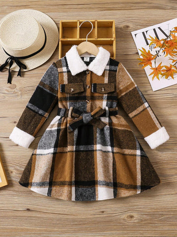 Young Girl Plaid Patchwork Fuzzy Knit Casual Dress