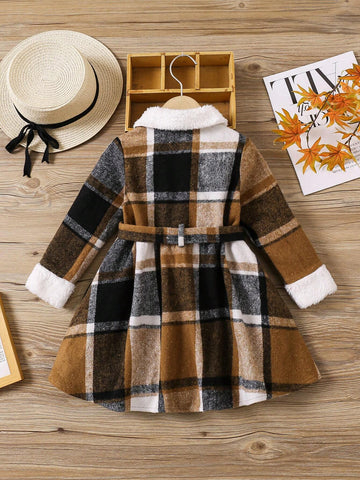 Young Girl Plaid Patchwork Fuzzy Knit Casual Dress