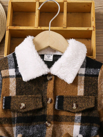 Young Girl Plaid Patchwork Fuzzy Knit Casual Dress