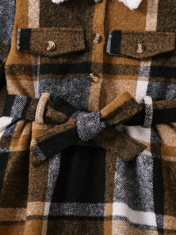 Young Girl Plaid Patchwork Fuzzy Knit Casual Dress