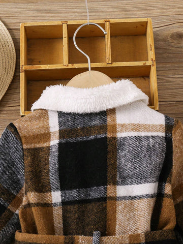 Young Girl Plaid Patchwork Fuzzy Knit Casual Dress
