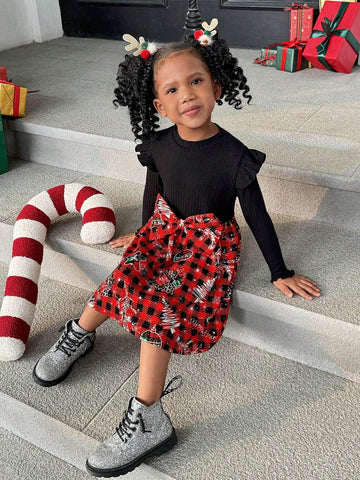 Young Girl Plaid Patchwork Long Sleeve Crew Neck Knitted Christmas Dress