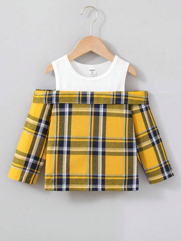 Young Girl Plaid Patchwork Open Shoulder Long Sleeve Loose Casual Blouse, Spring & Autumn