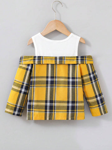 Young Girl Plaid Patchwork Open Shoulder Long Sleeve Loose Casual Blouse, Spring & Autumn