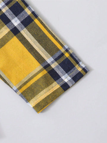 Young Girl Plaid Patchwork Open Shoulder Long Sleeve Loose Casual Blouse, Spring & Autumn