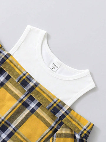 Young Girl Plaid Patchwork Open Shoulder Long Sleeve Loose Casual Blouse, Spring & Autumn