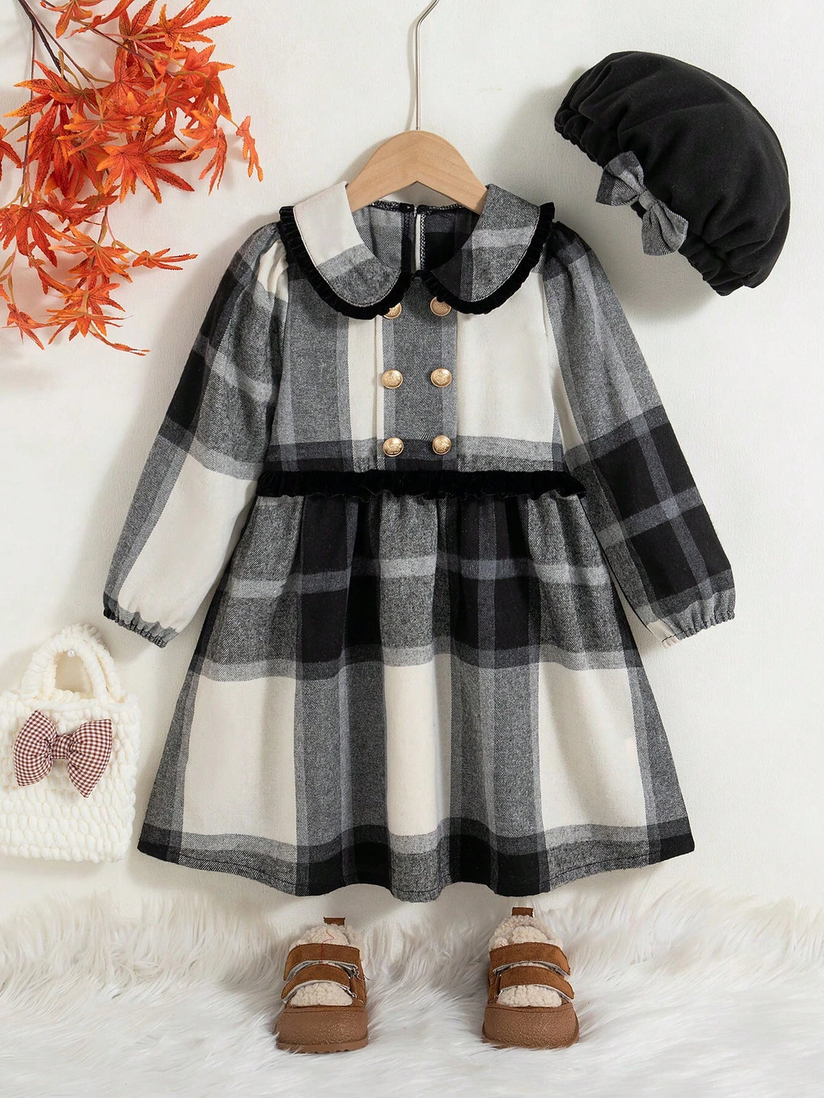 Young Girl Plaid Peter Pan Collar Long Sleeve Double-Breasted Cute Dress, Autumn