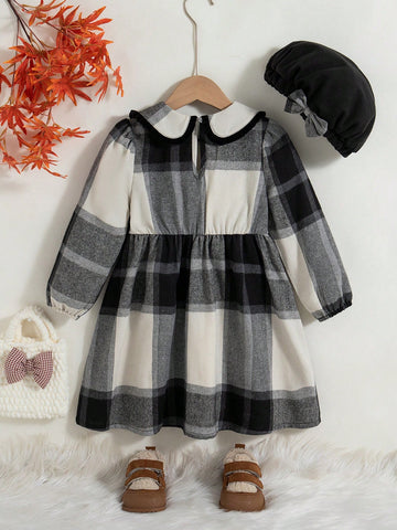 Young Girl Plaid Peter Pan Collar Long Sleeve Double-Breasted Cute Dress, Autumn