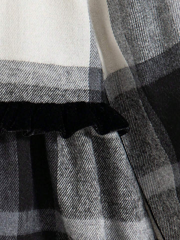 Young Girl Plaid Peter Pan Collar Long Sleeve Double-Breasted Cute Dress, Autumn