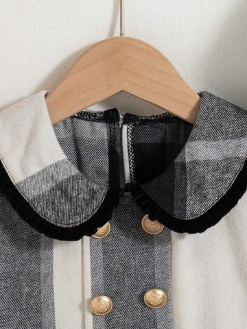 Young Girl Plaid Peter Pan Collar Long Sleeve Double-Breasted Cute Dress, Autumn