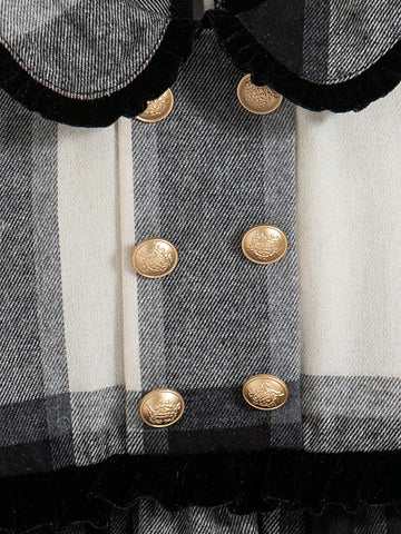 Young Girl Plaid Peter Pan Collar Long Sleeve Double-Breasted Cute Dress, Autumn
