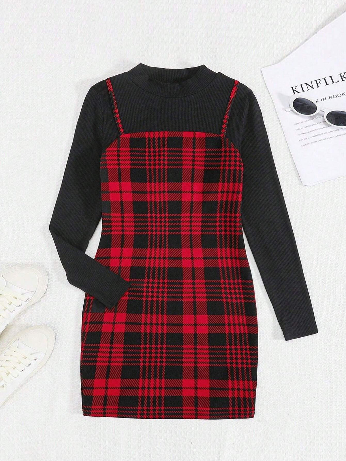 Young Girl Plaid Print 2 In 1 Dress For Christmas,Great For Casual & Daily Wear & School Daily In Autumn Winter