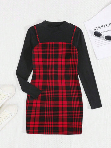 Young Girl Plaid Print 2 In 1 Dress For Christmas,Great For Casual & Daily Wear & School Daily In Autumn Winter