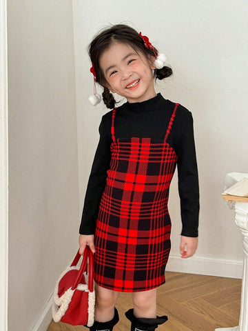 Young Girl Plaid Print 2 In 1 Dress For Christmas,Great For Casual & Daily Wear & School Daily In Autumn Winter